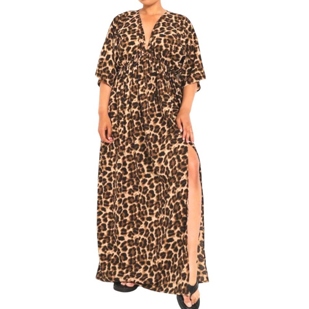 BOOHOO Leopard Print BATWING MAXI DRESS Black/Brown V-NECK SIDE SLIT sz US-18